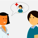 Icon of nurse speaking to hearing impaired patient with a red cross icon