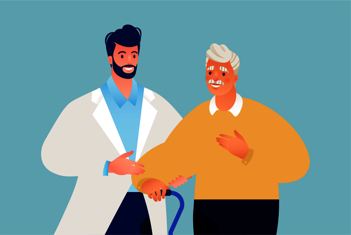 An illustration of a clinician with an older male patient shaking hands.