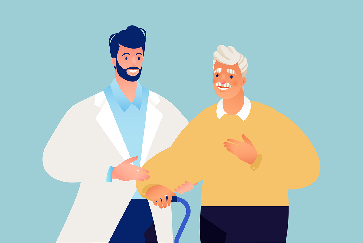 An illustration of a clinician with an older male patient shaking hands.