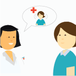 Nurse speaking to hearing impaired person with red cross icon
